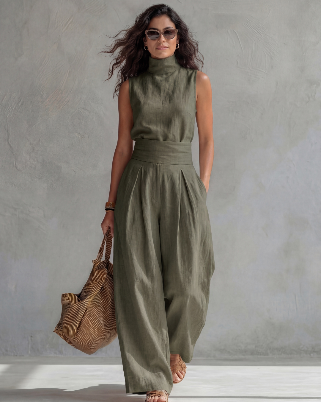Maria | Conjunto Top y Pantalón Ancho Algodón Lino Azul